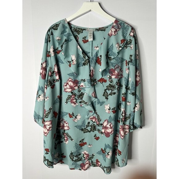 Catherines Womens 2X Blue Floral Butterfly Ruffle Top Romantic Flowy Cottagecore - Picture 1 of 10